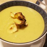Curried parsnip soup with parsnip chips.
